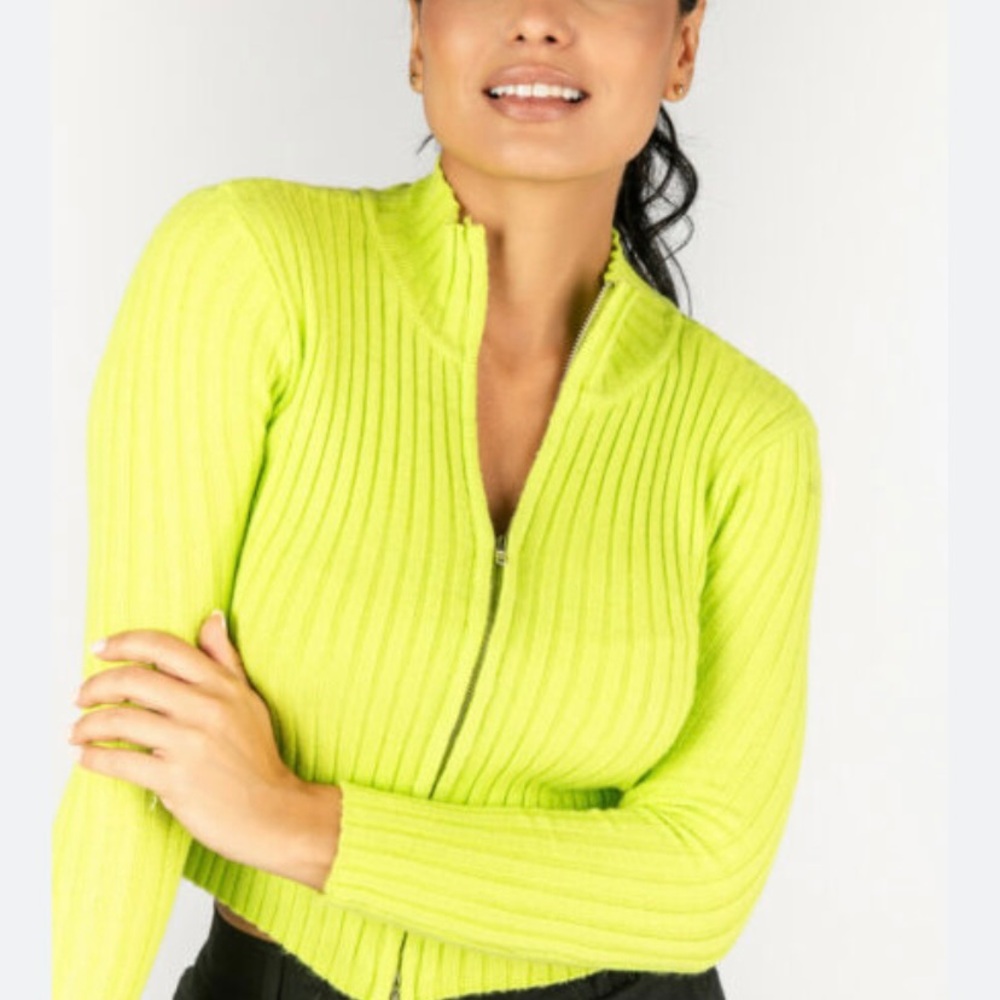 Lime Green Ribbed Zip-Up Cardigan